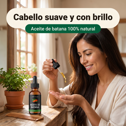 Mujer aplicando aceite de batana con gotero para un cabello suave y con brillo